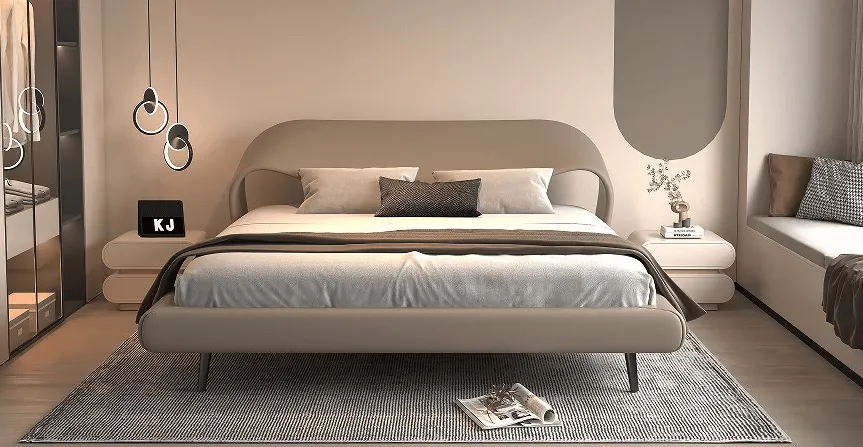 Elegant beige upholstered platform bed in a minimalist bedroom, featuring soft lighting and sleek furniture — ideal for modern luxury interiors.
