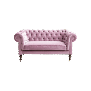 Luxurious pink Chesterfield-style sofa featuring tufted backrest, scrolled arms, and carved wood legs — a bold statement piece.