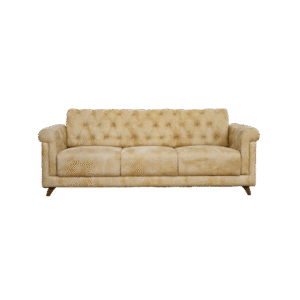 Elegant tan velvet sofa with deep button tufting and rolled arms, ideal for classic and transitional interior styles.