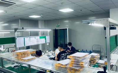 Sterile cleanroom with trained professionals producing and inspecting orthodontic aligners.